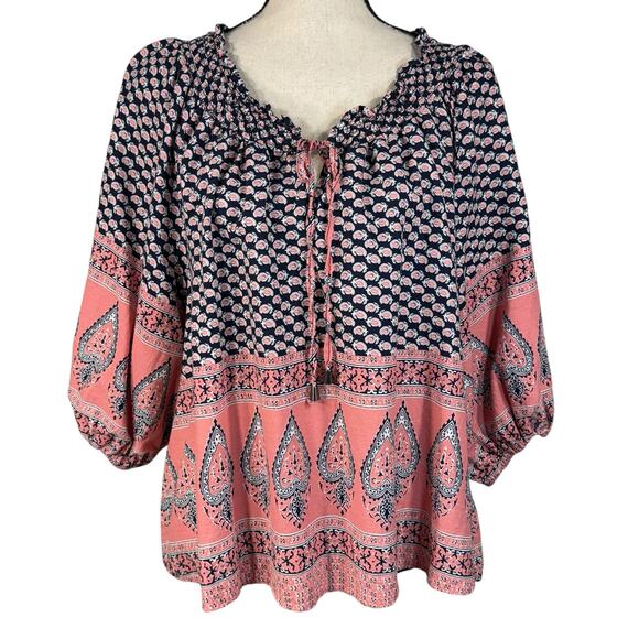 C&C California Small Top Linen Blend Oversized Geometric Balloon Sleeves Keyhole - Picture 1 of 9